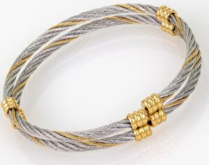 A picture of a Stainless 2 Wire Bangle with gold accents